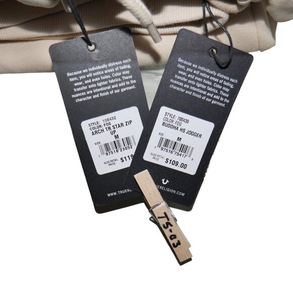 True Religion Men's Fleece Sweatsuit 2 PC Tracksuit Ivory Hoodie Joggers Size M - Picture 9 of 11